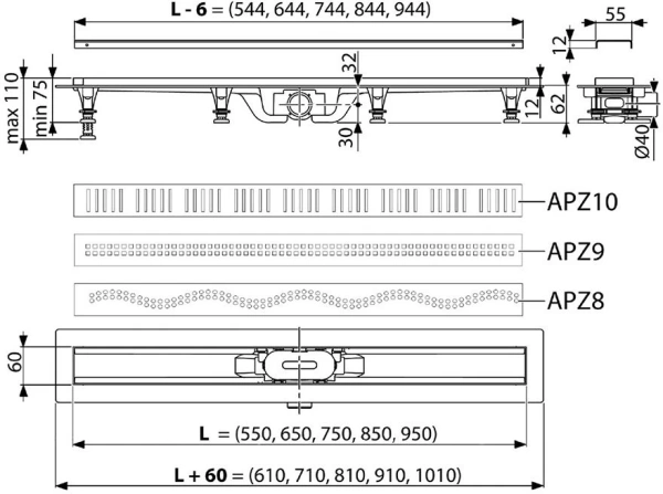 Душевой лоток AlcaPlast Simple с решеткой и опорами APZ9-550M
