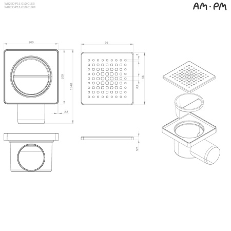 W02BD-P11-010-01BM PrimeFlow Трап для душа точечный мокрый затвор Cut Gradient 10см цвет черн мат