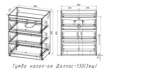 Тумба без раковины напольная "Даллас 130", 3 ящ., Люкс белая, с раковиной