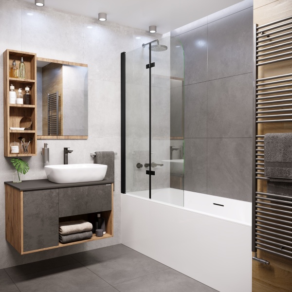 Шторка для ванны GR-106/110 BLACK (110х150) алюминиевый профиль, стекло ПРОЗРАЧНОЕ 6мм 1 место