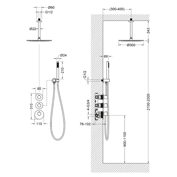 Душевая система Timo Saona SX-2399/03SM с термостатом Черная матовая