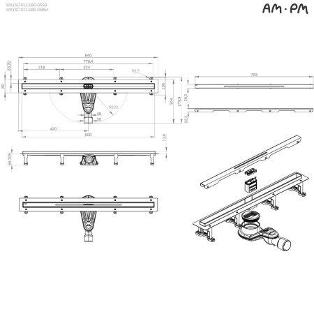 W01SC-S11-080-05SB MasterFlow Трап для душа линейный универс затвор Slim line 80см цвет сталь мат