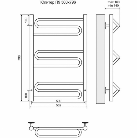 Водяной полотенцесушитель Terminus Юпитер П9 500x796 4620768888854 Хром