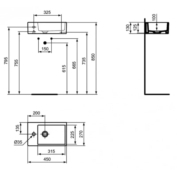Раковина Ideal Standard Strada K081701, подвесная, прямоугольная, фарфор, евробелая, 45х27х13 см