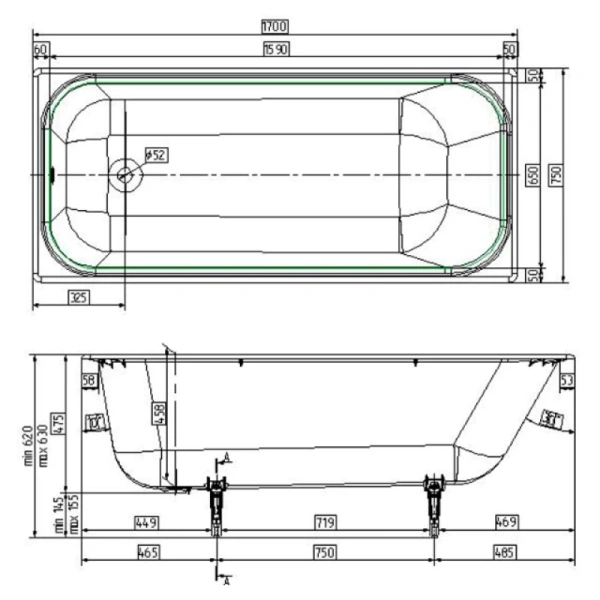 Ванна Wotte "Start", чугунная, прямоугольная, противоскользящее дно, белая, 170x75x50 см