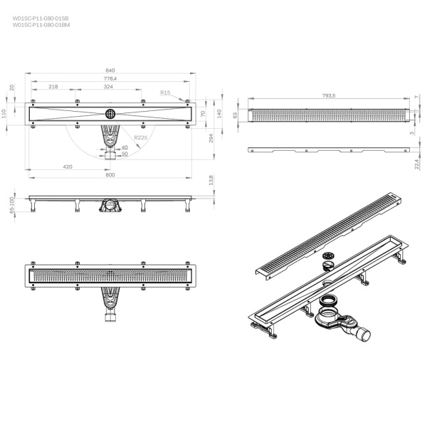 W01SC-P11-080-01BM MasterFlow Трап для душа линейный универс затвор Cut Gradient 80см цвет черн мат