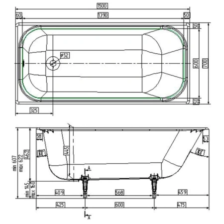 Ванна Wotte Start, чугун, прямоугольная, глянцевая, противоскользящее дно